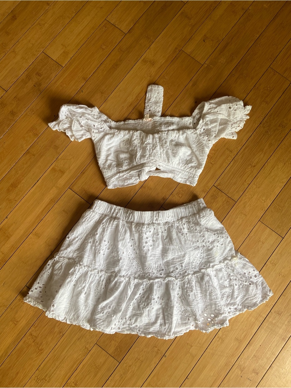 Luxxel White Eyelet Off-Shoulder Crop Top & Skirt Set